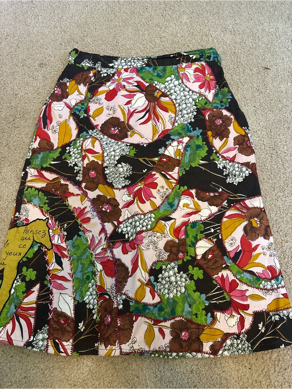 Anthropologie “Inner Child” Floral Patchwork A-Line Skirt in Black, Pink & Green